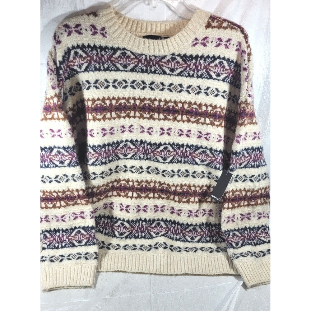 RD Style Women's Multi-Colored Fair‎ Isle Long Sleeve Sweater - Ivory - L